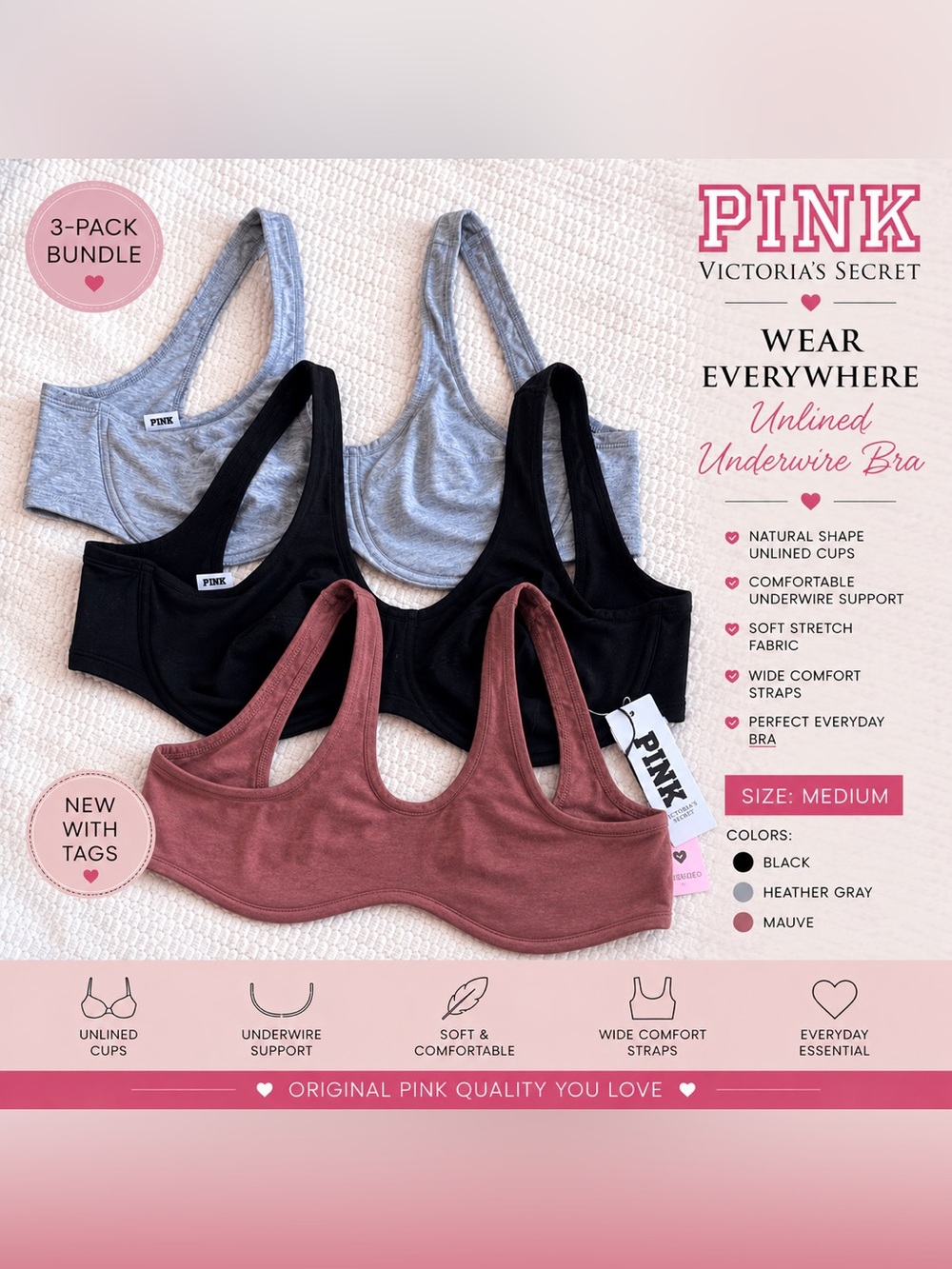 PINK Wear Everywhere Unlined Underwire Bra Bundle 3-Pack NWT M